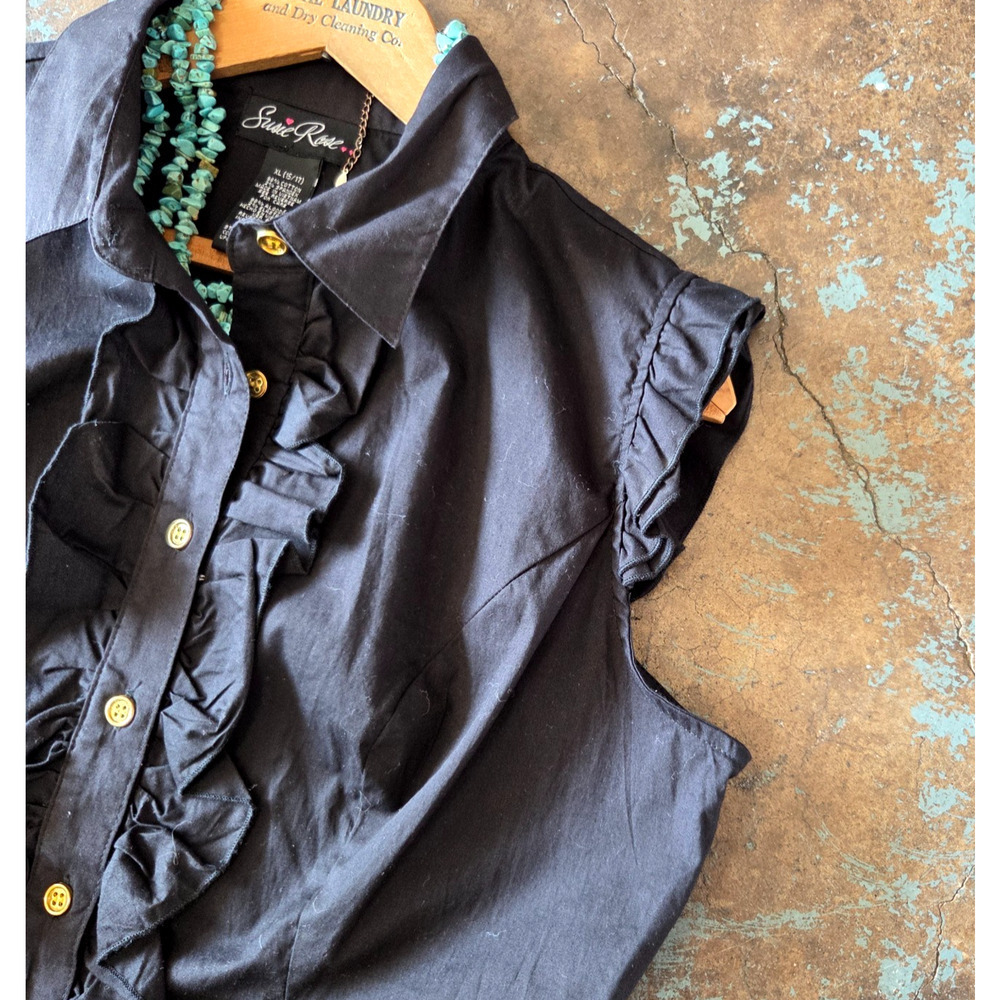 Vintage Y2K Black Ruffle Front Top Size XL 15 17 Cap Sleeve Corpcore Button Up - Picture 6 of 8
